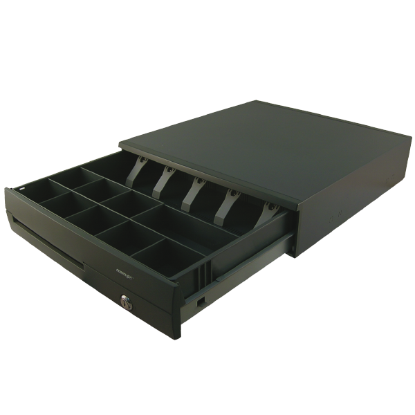 Cajón portamonedas negro 425x450x100mm, conexión RS232. – Mundo TPV