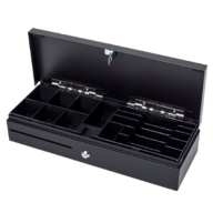 Cajón portamonedas negro, 460 * 170 mm , apertura vertical conexión RJ12 (Impresora de ticket + Microswitch)